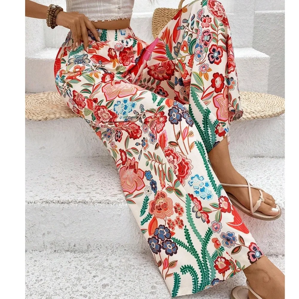 075 Boho Floral Print stretchy Waist Wide Leg Pants - Picture 3 of 4